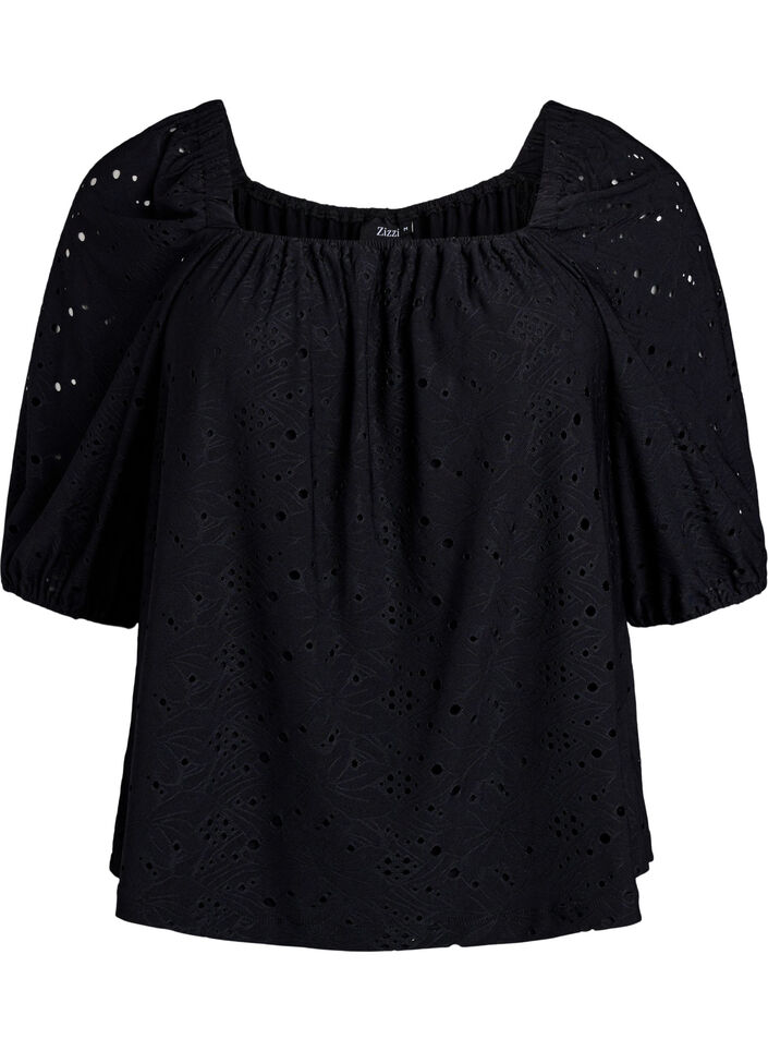 Blouse met korte pofmouwen en een opengewerkt patroon, Zwart, Packshot image number 0