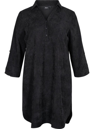 Fluwelen jurk met 3/4 mouwen en knopen, Black, Packshot image number 0