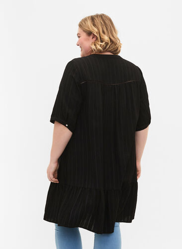 Gestreepte viscose jurk met kanten lint, Black, Model image number 1