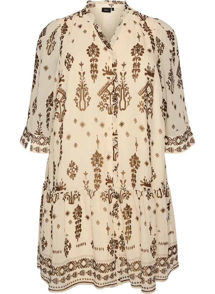 Jurk met ornamentprint en ruchekraag, Beige, Packshot image number 0