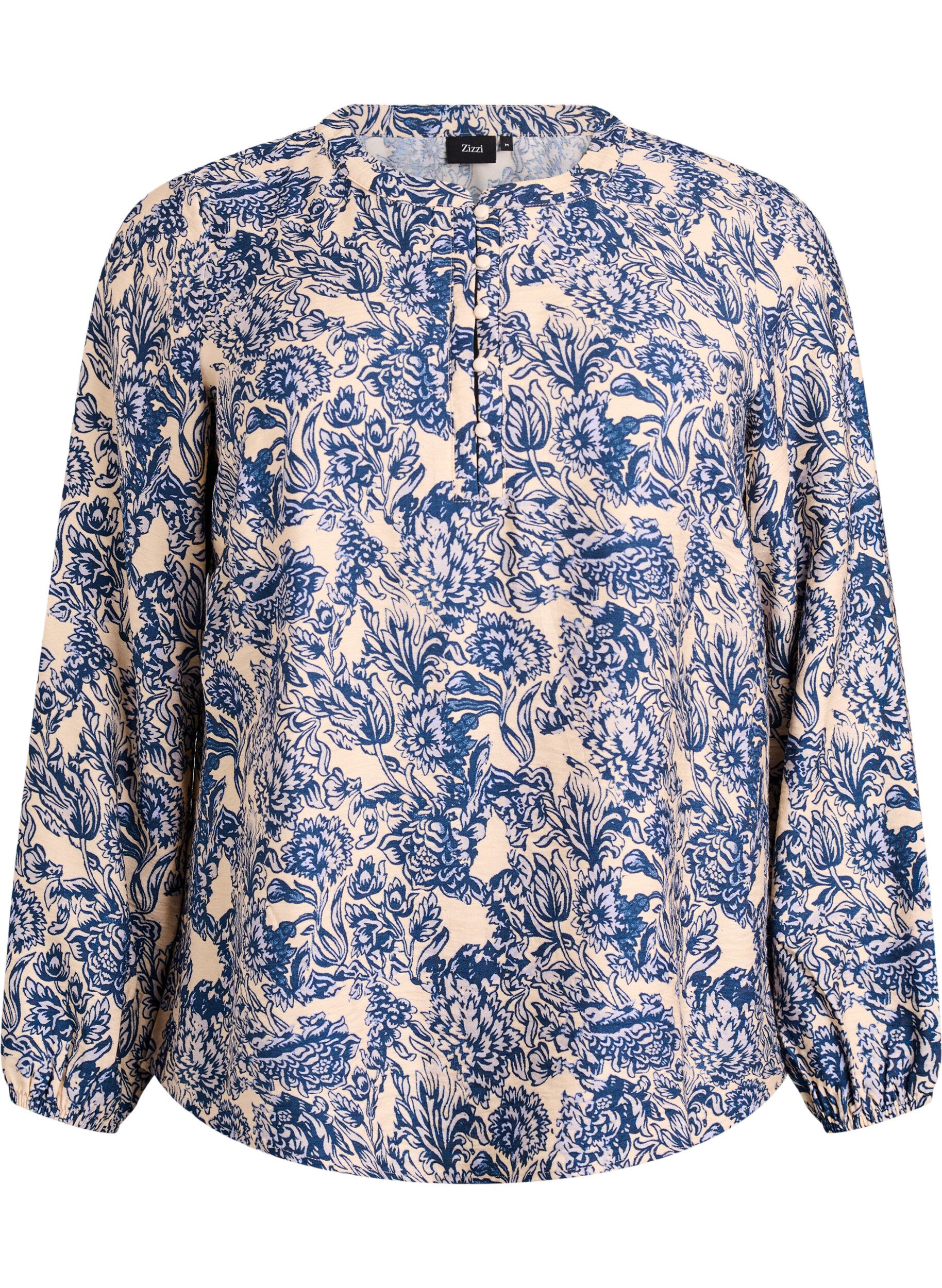 Zizzi Blouse met lange mouwen met patroon en knopen, Blauw, Packshot image number 0