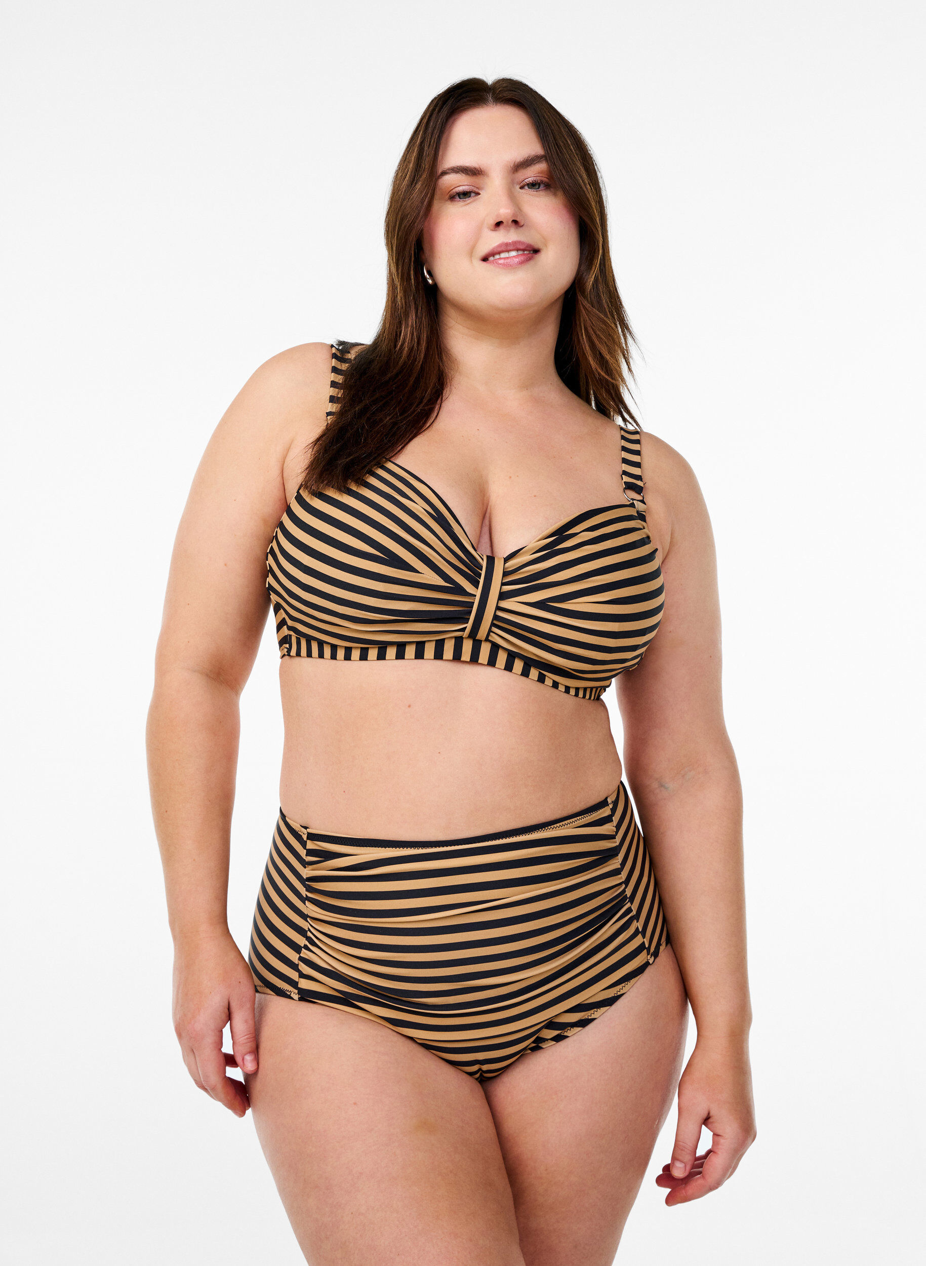 Hoge taille bikinibroekjes met strepen, Bruin, Model