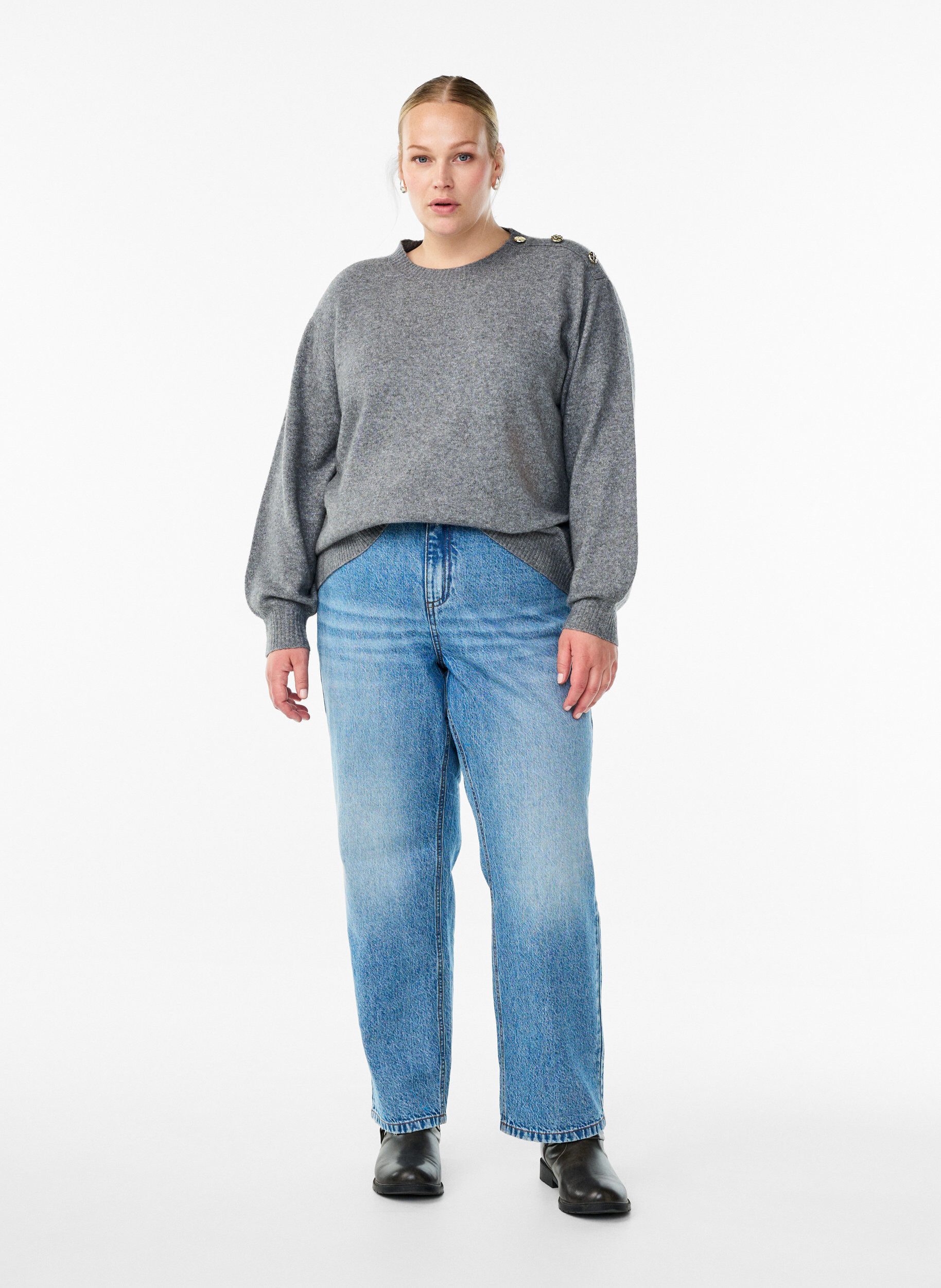 Zizzi Breisel blouse met knoopdetail, Grijs, Model image number 1