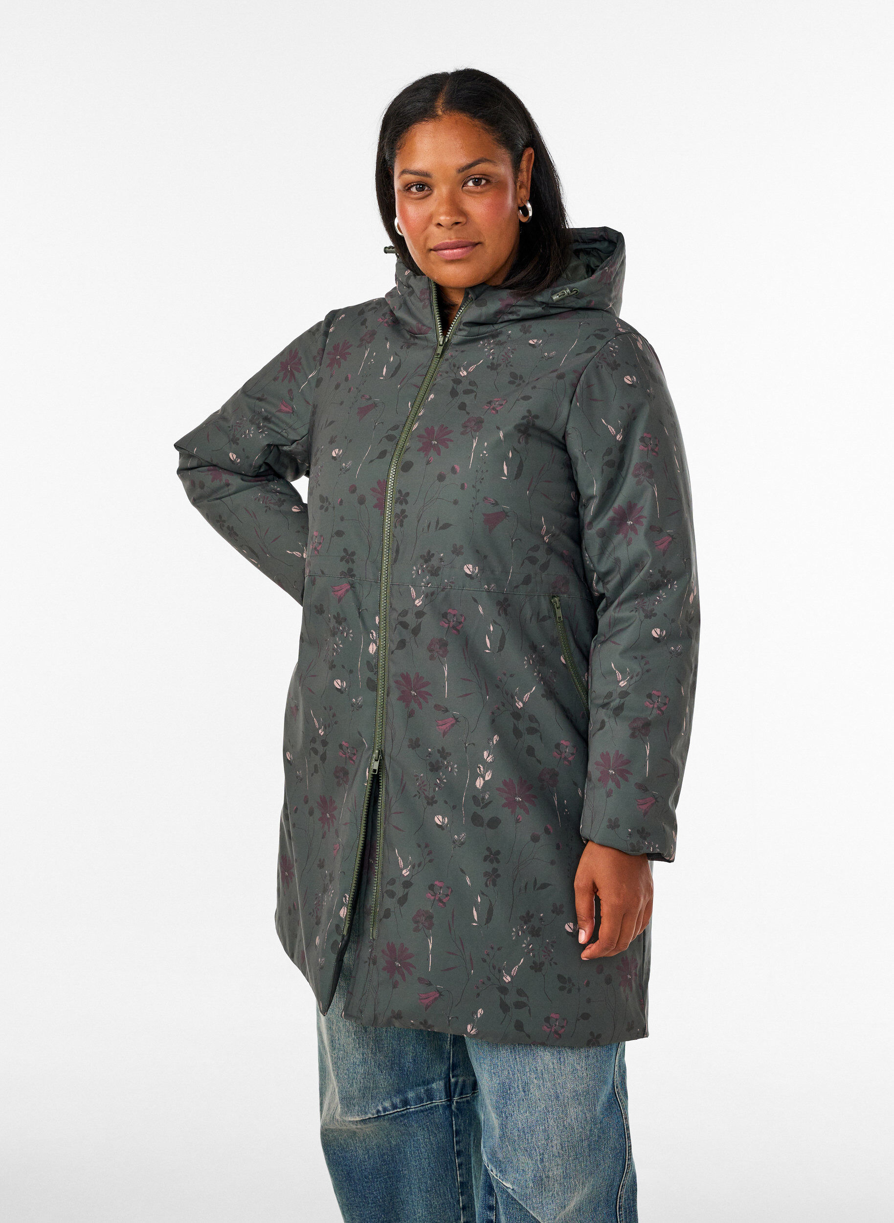 ZizziGewatteerde winterjas met bloemenprint, Groen, Model image number 0