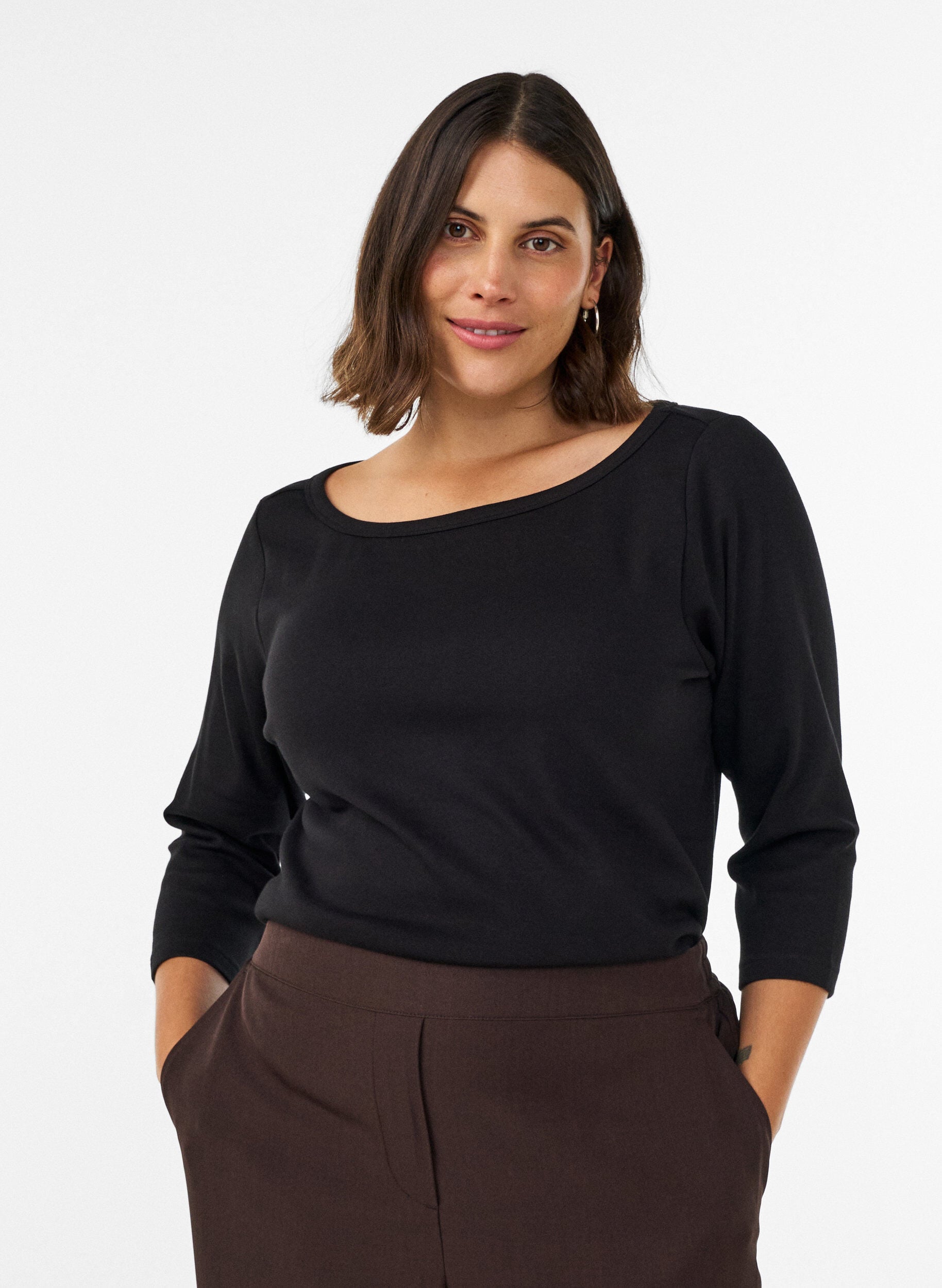 ZizziBasic T-shirt met boothals en 3/4-mouwen, Zwart, Model image number 0