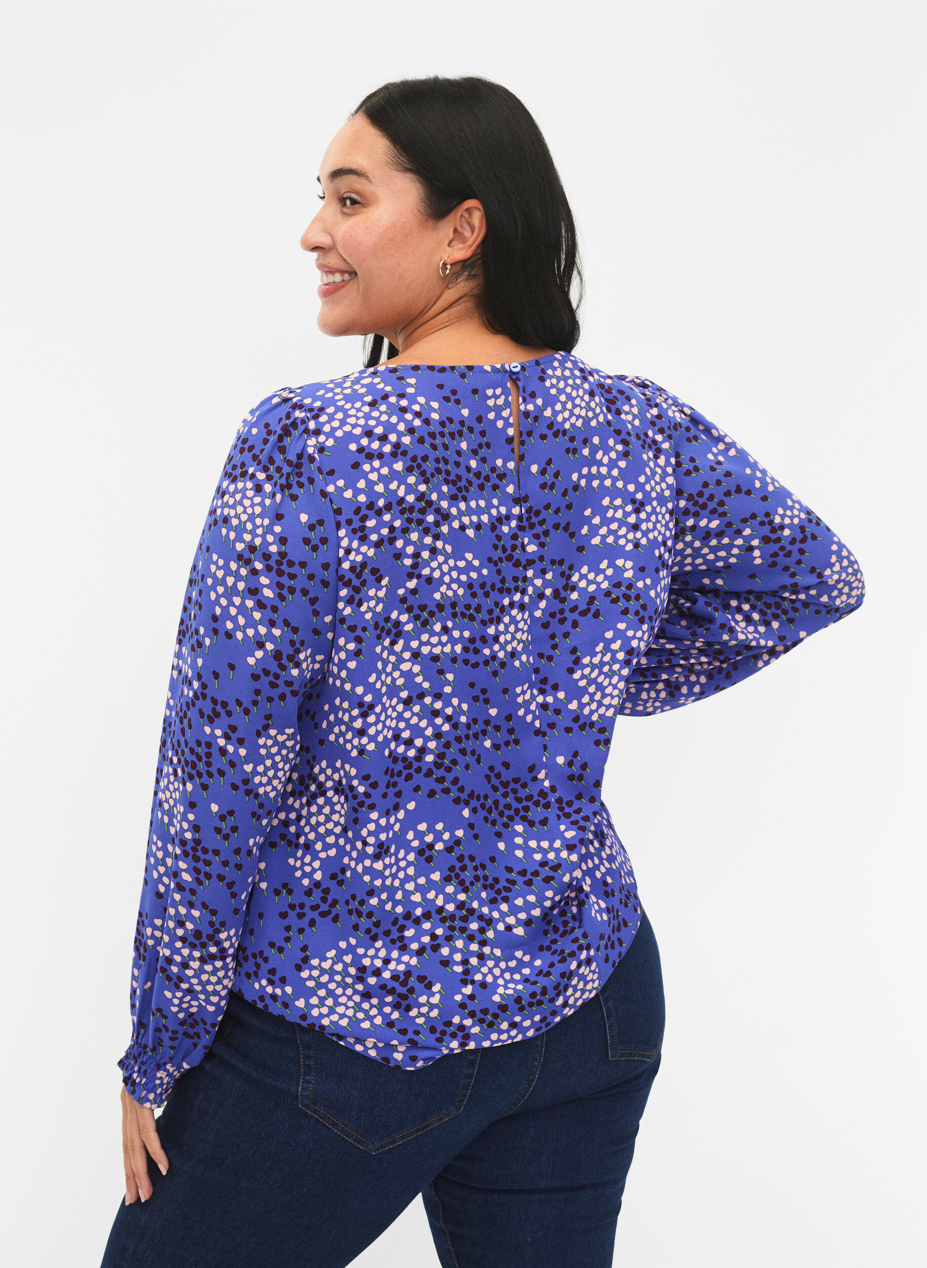 Zizzi FLASH - Blouse met lange mouwen, smok en print, Dazzling Blue AOP, Model image number 1