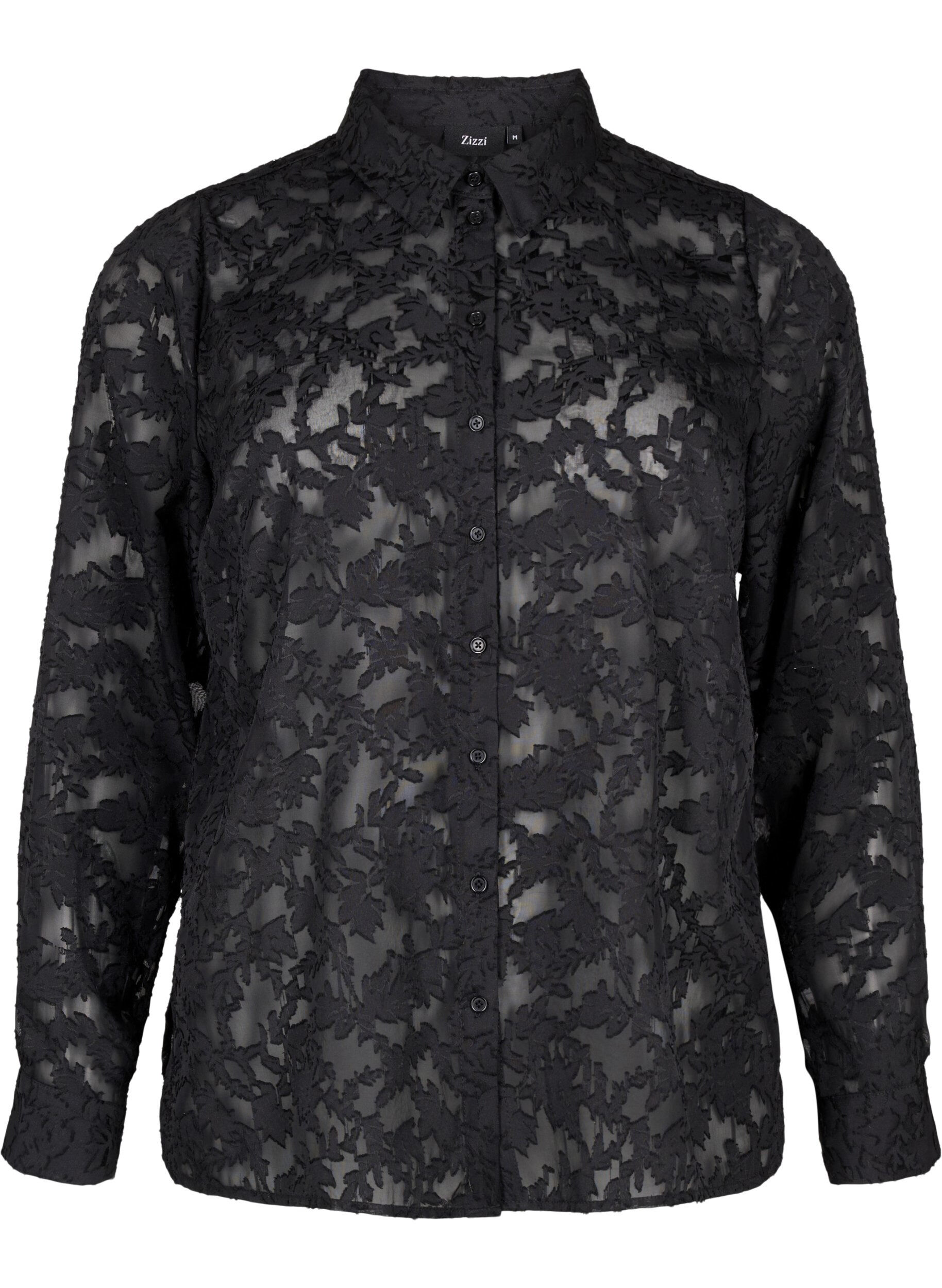 Zizzi Jacquard overhemd met knopen, Black, Packshot image number 0