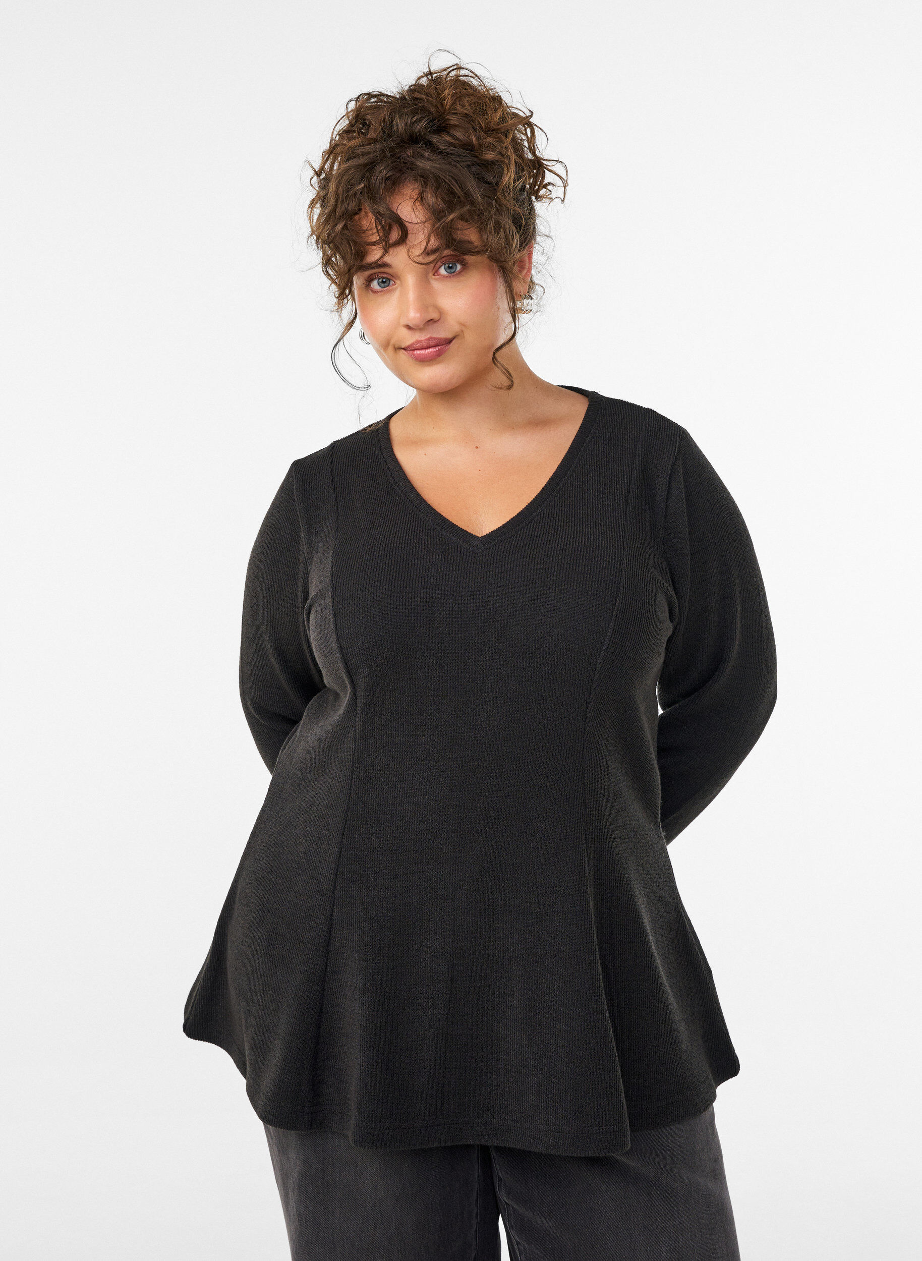 ZizziJersey blouse met een geribde textuur en een A-lijn pasvorm, Zwart, Model image number 0