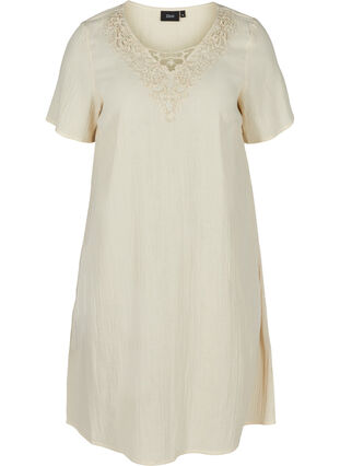 Katoenen jurk met korte mouwen en borduursel, Beige As Sample, Packshot image number 0