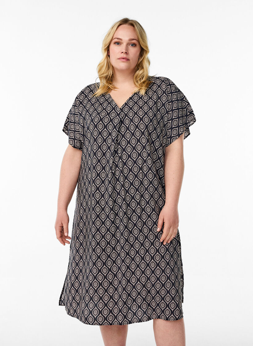 Jurk met V-hals van viscose, Blauw, Model image number 0