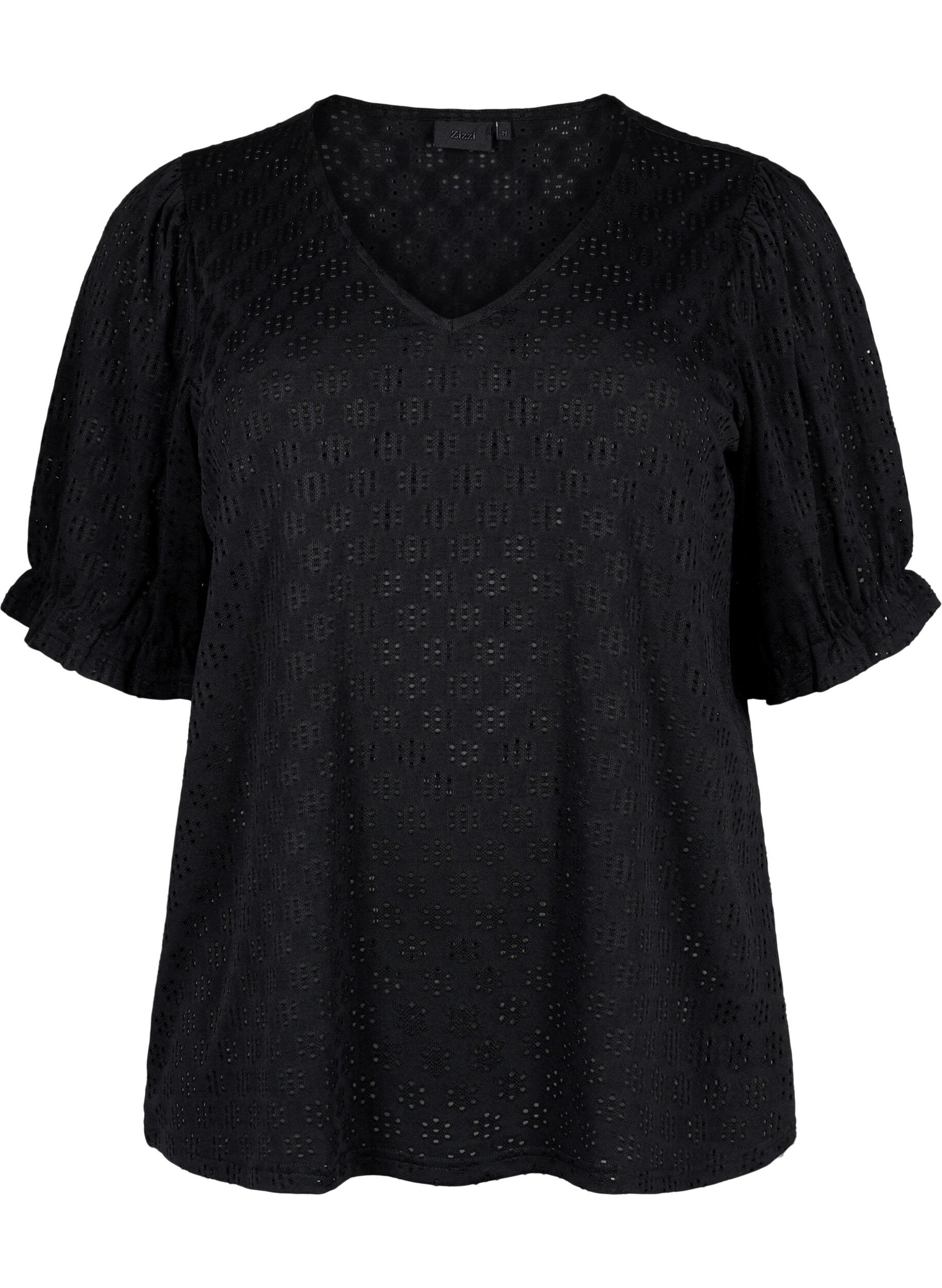 Zizzi Blouse met V-hals en gaatjespatroon, Black, Packshot image number 0