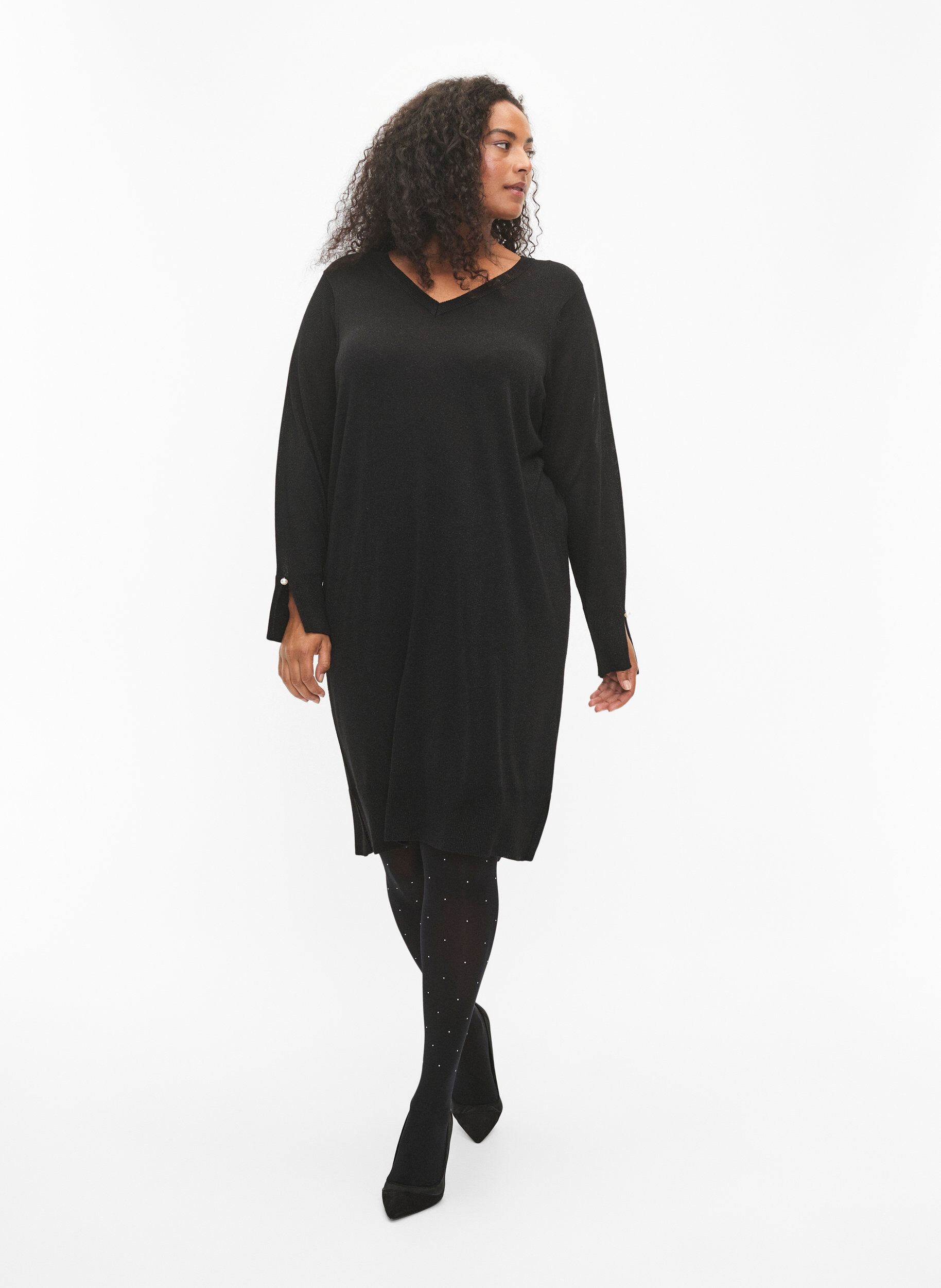 Zizzi Gebreide jurk van viscose met glitters en splitten, Black w. DTM Lurex, Model image number 3