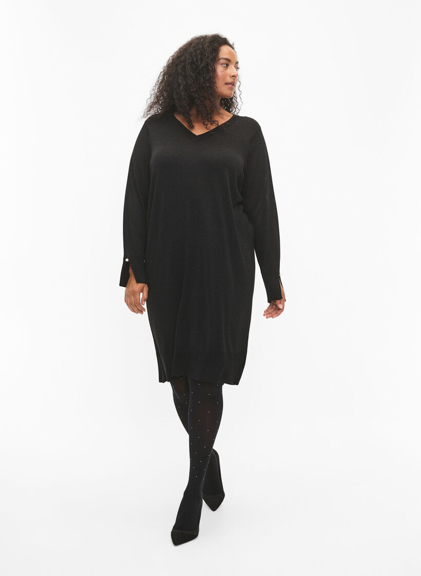 Gebreide jurk van viscose met glitters en splitten, Black w. DTM Lurex, Model image number 3