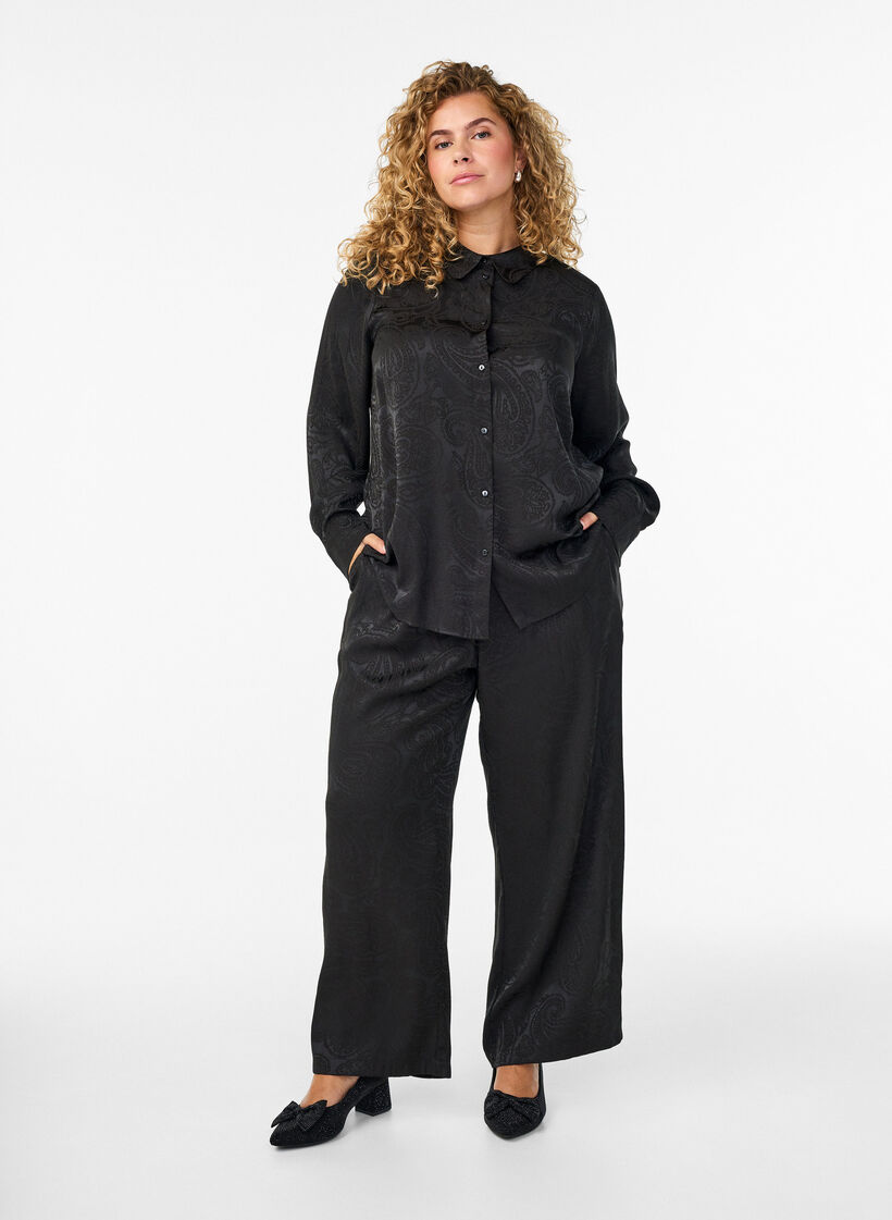 Losse broek met paisleypatroon en hoge taille, Zwart, Model image number 0