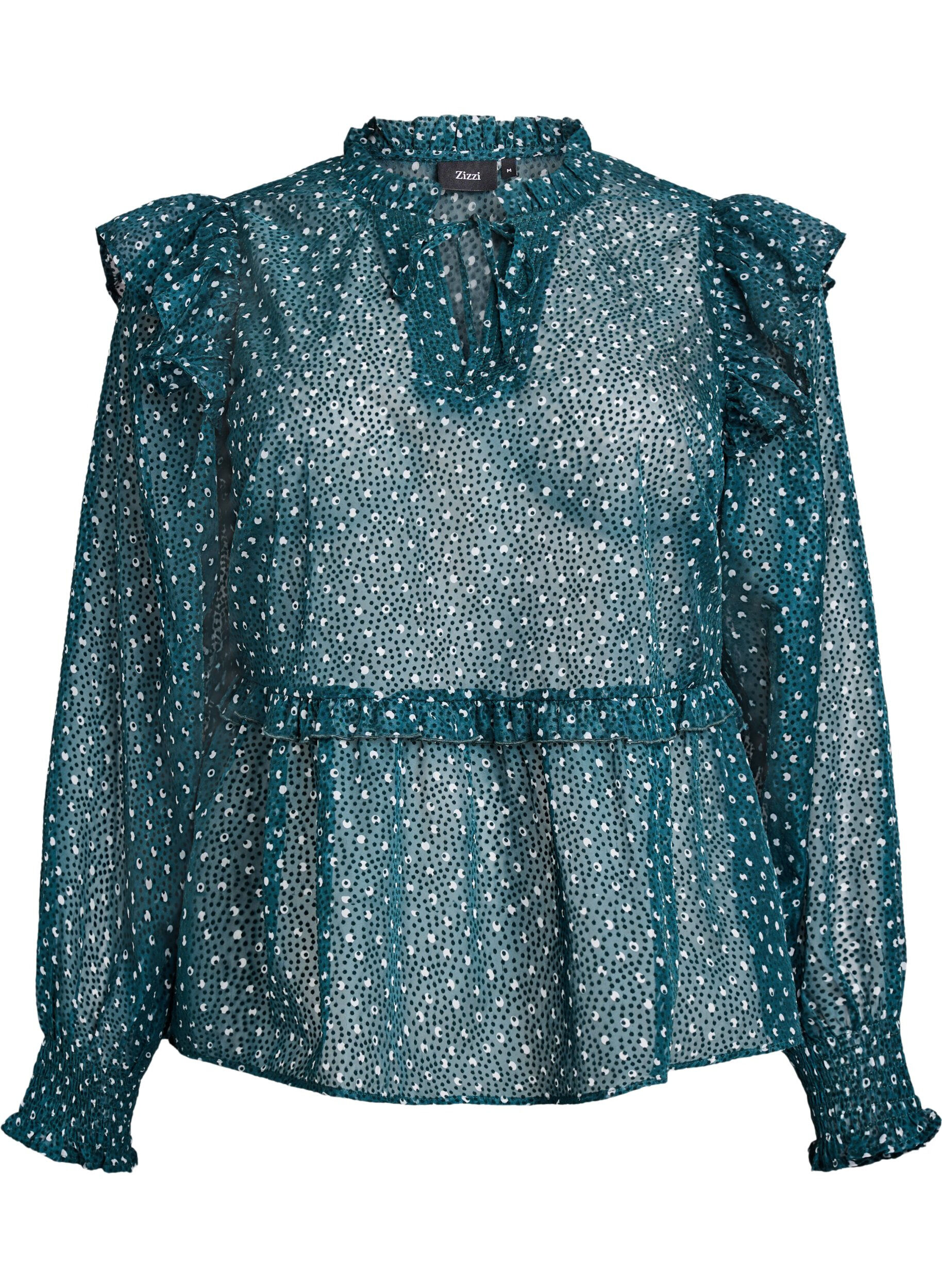 Chiffon blouse met ruchesdetails en kleine stippen