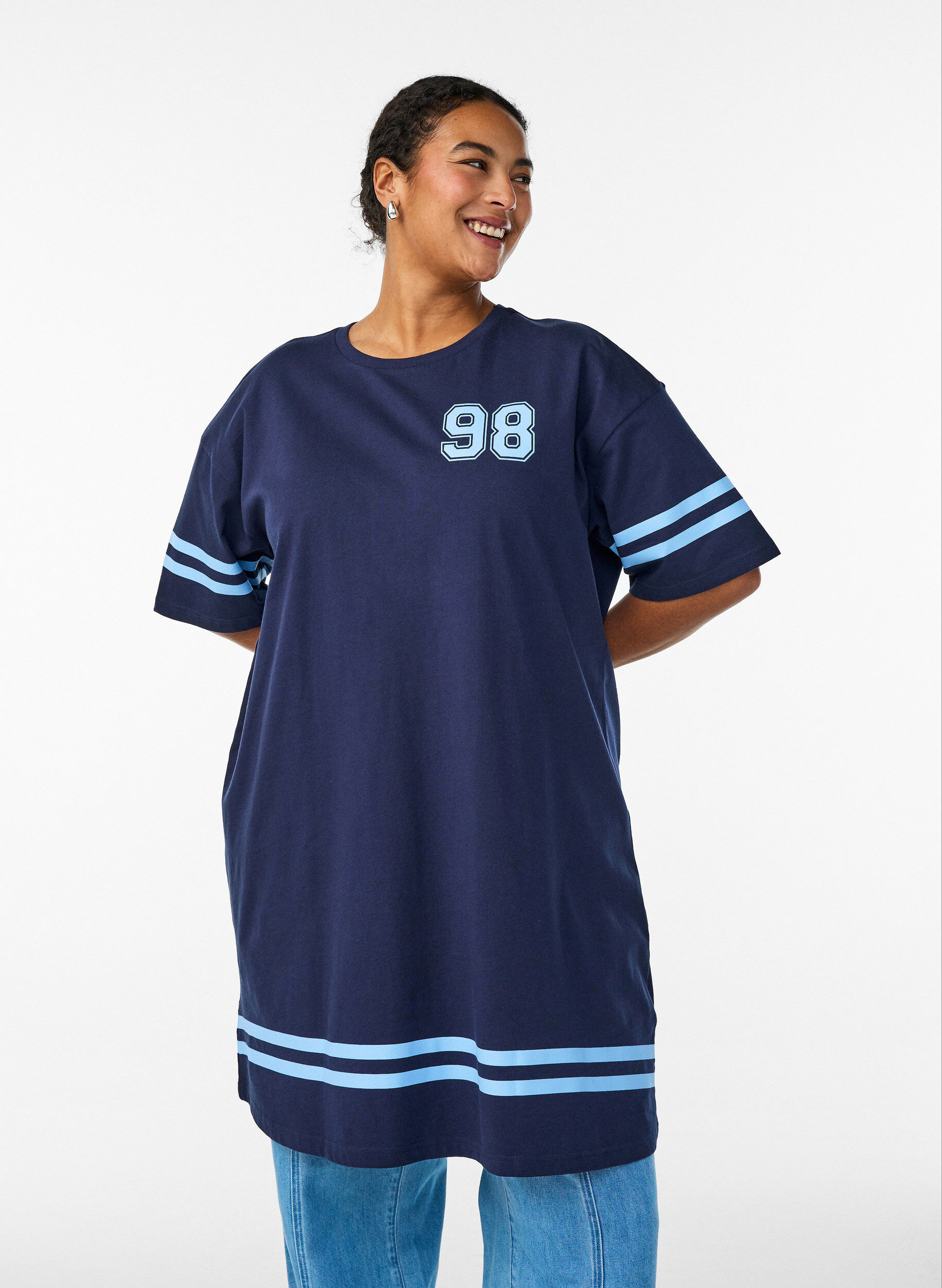 Kort T-shirtjurkje met sportieve details, Blauw, Model