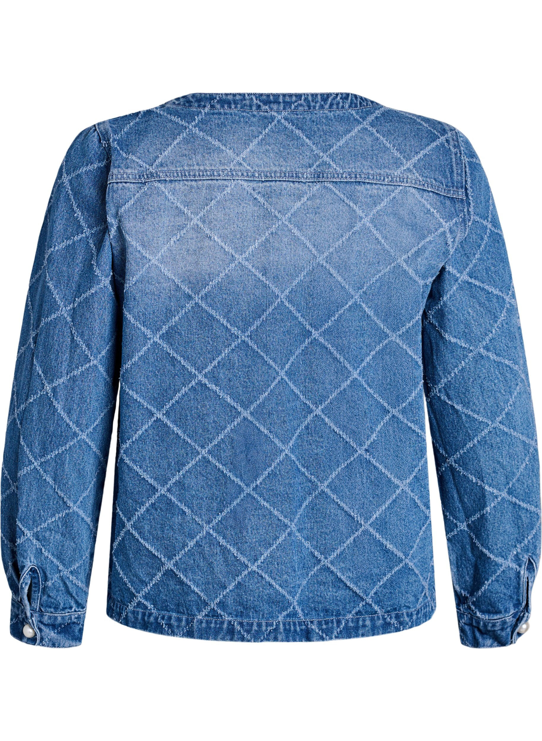 Zizzi Denim blouse met destroyed patroon en pareldetails, Blauw, Packshot image number 1
