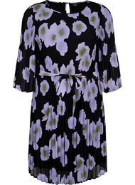 Bedrukte geplooide jurk met bindband, Black w. Floral