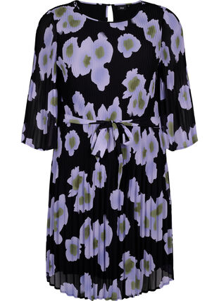Bedrukte geplooide jurk met bindband, Black w. Floral, Packshot image number 0