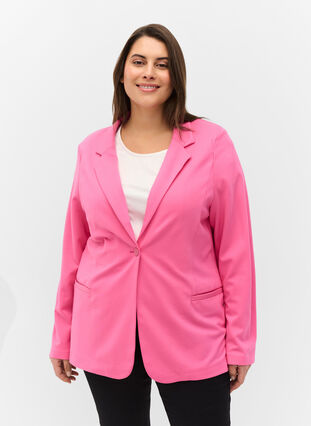 Basic blazer met knoop en sierzakken, Azalea Pink, Model image number 0