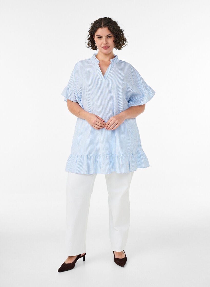 Katoenen tuniek met strepen en ruchesdetails, Blauw, Model image number 1
