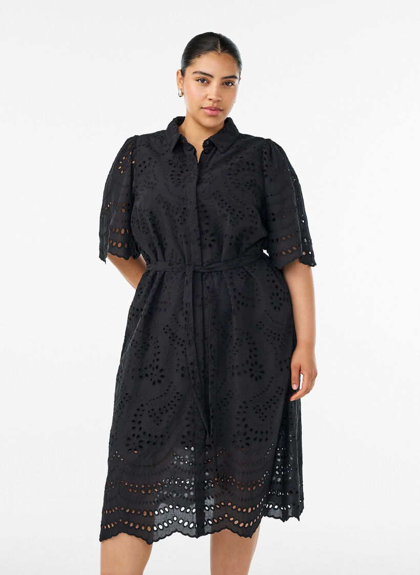 Blousejurk in broderie anglaise met strikceintuur, Zwart, Model image number 0