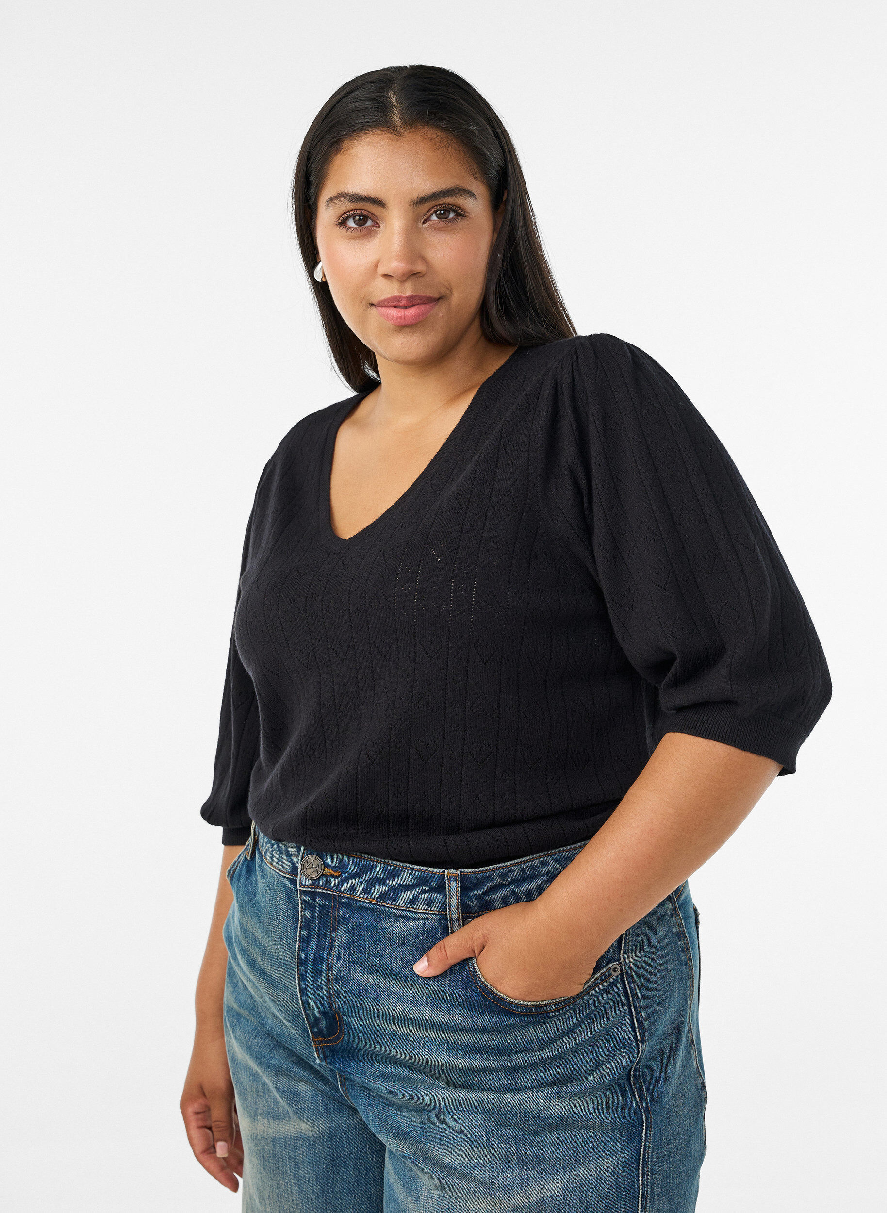 ZizziGebreide blouse met korte mouwen en pointellepatroon, Zwart, Model image number 0