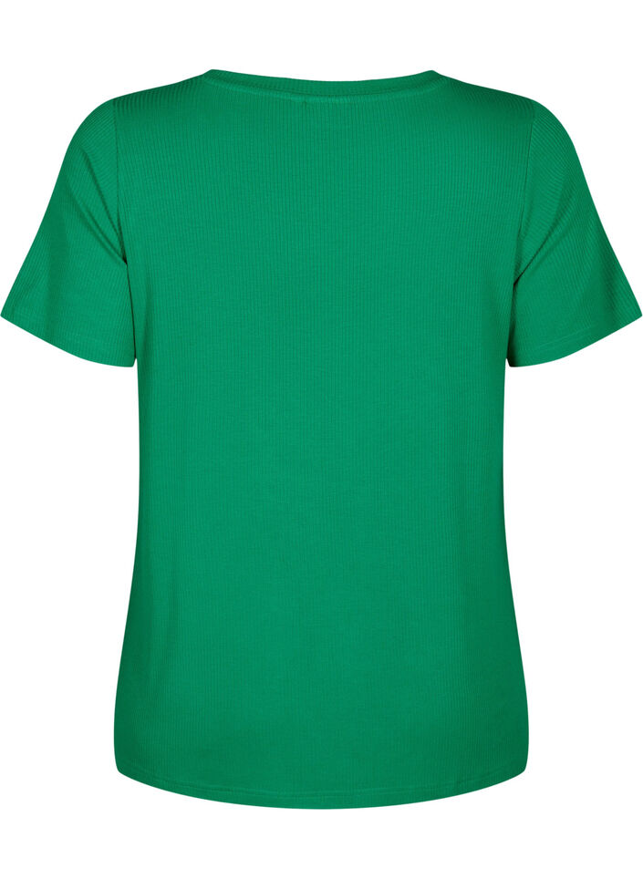 Geribd viscose T-shirt met V-hals, Jolly Green, Packshot image number 1