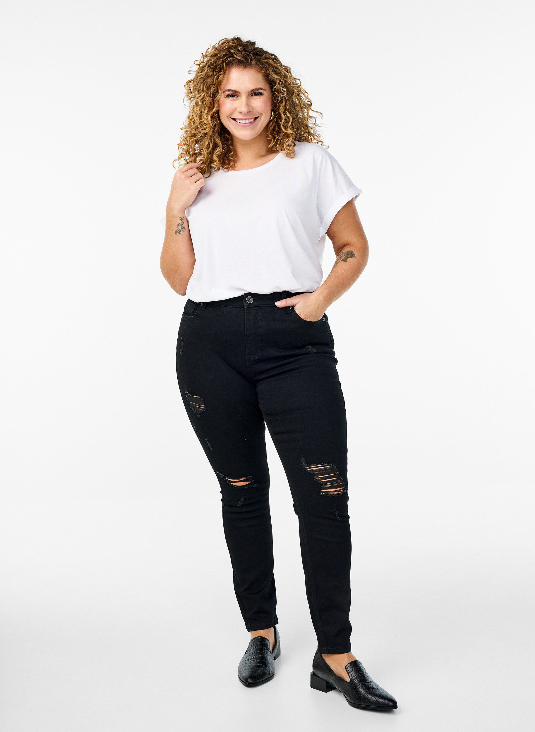 Zizzi T-shirt met korte mouwen in een katoenmix, Wit, Model image number 1