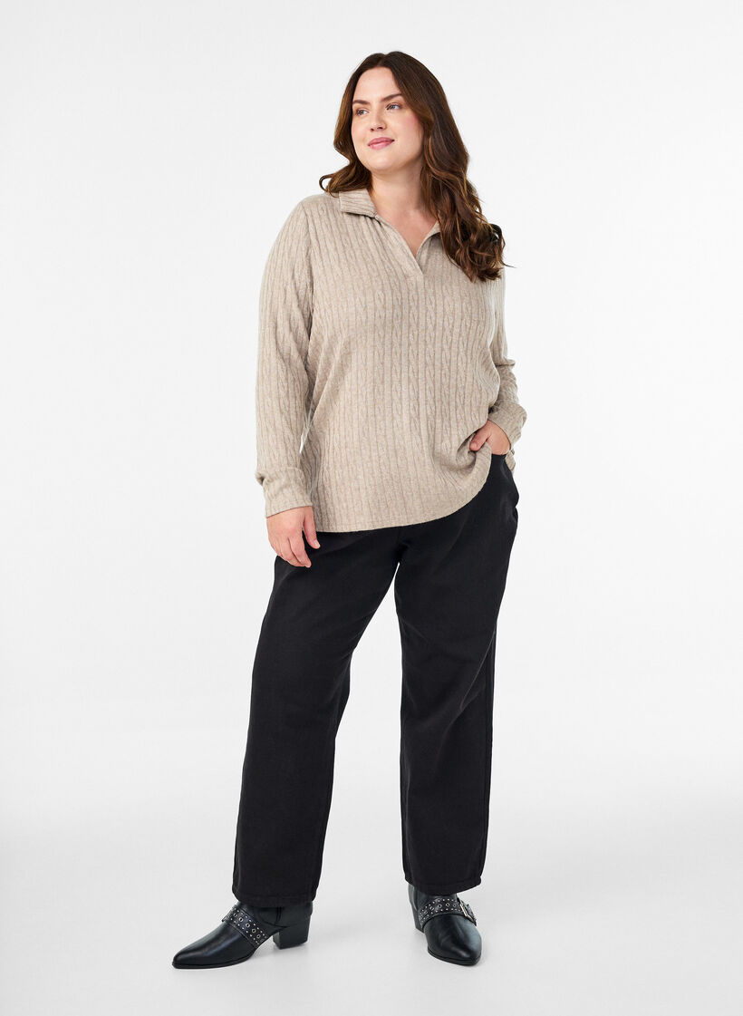 Gebreide blouse met kraag en kabelpatroon, Beige, Model image number 1