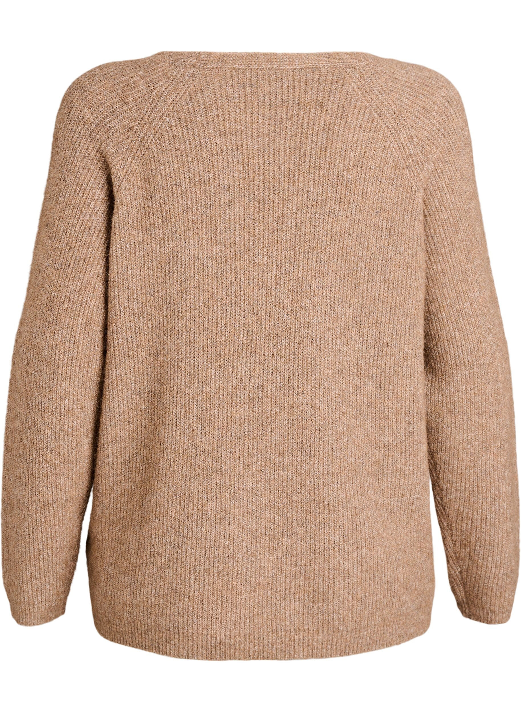 Zizzi Gebreide blouse met V-hals en raglanmouwen, Bruin, Packshot image number 1