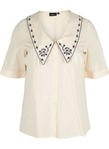 Katoenen blouse met korte mouwen en grote kraag , MotherOfPearl w.Blue, Packshot image number 0