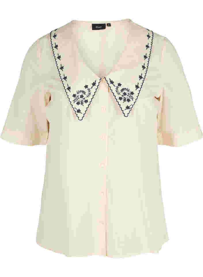 Katoenen blouse met korte mouwen en grote kraag , MotherOfPearl w.Blue, Packshot image number 0