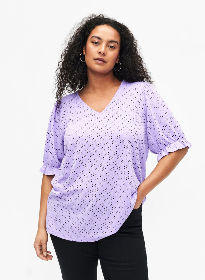 Blouse met V-hals en gaatjespatroon, Viola, Model image number 0