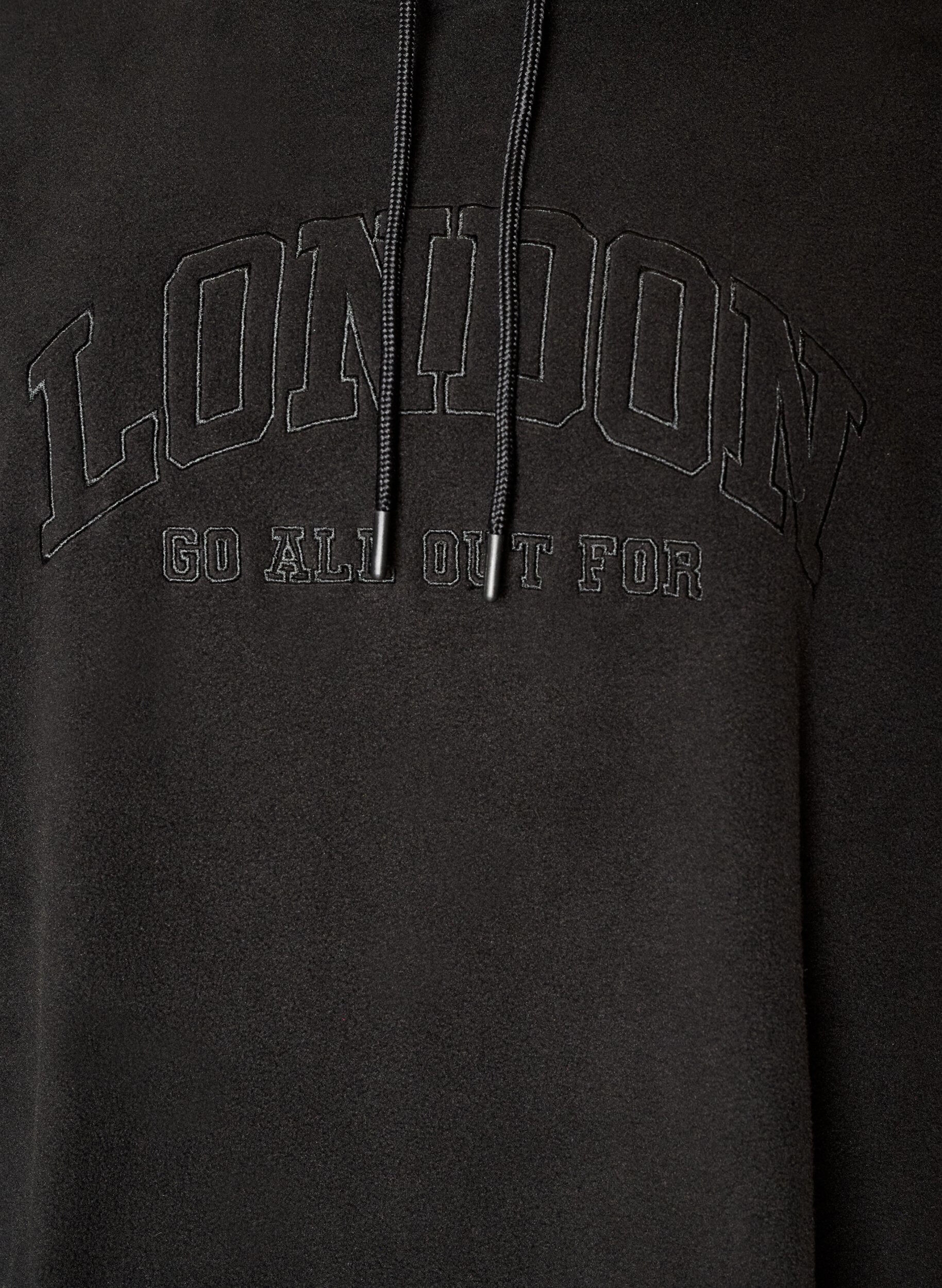 ZizziFleece hoodie met een hoge nek en geborduurde tekst, Zwart, Packshot image number 2