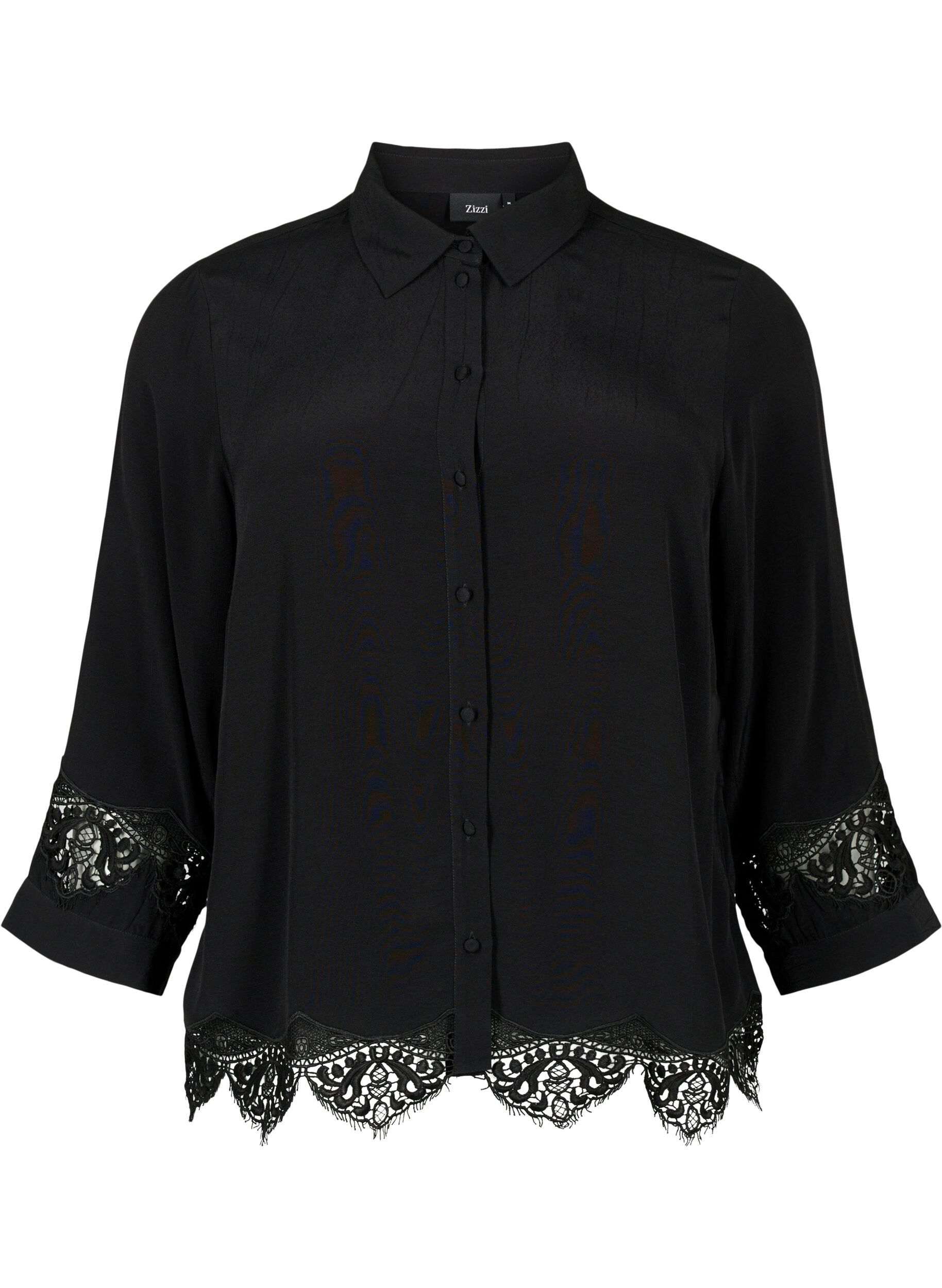 Zizzi Viscose shirt met 3/4 mouwen en borduurdetails, Black, Packshot image number 0