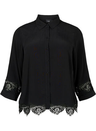 Viscose shirt met 3/4 mouwen en borduurdetails, Black, Packshot image number 0