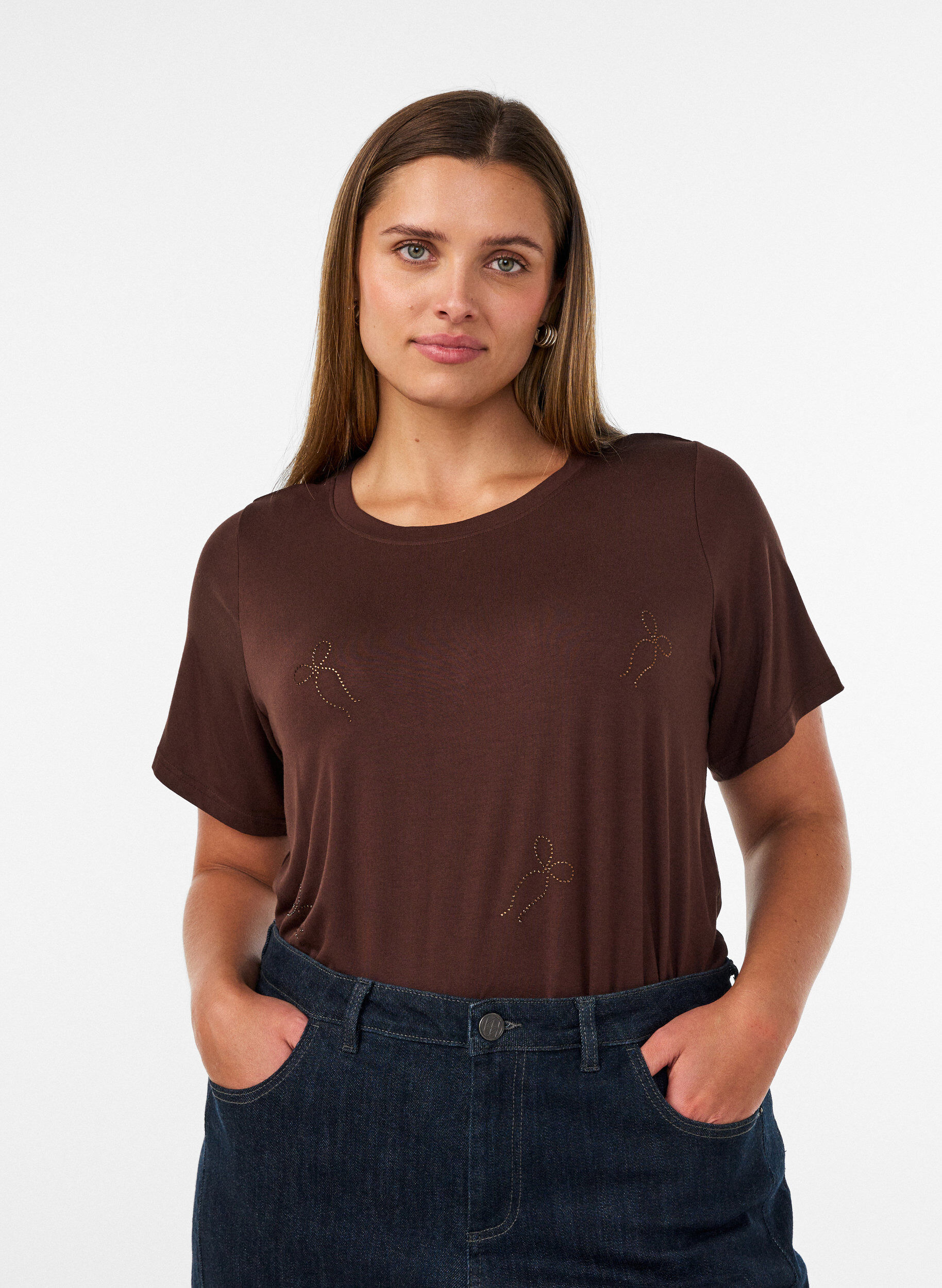 ZizziViscose T-shirt met strassteentjes, Bruin, Model image number 0