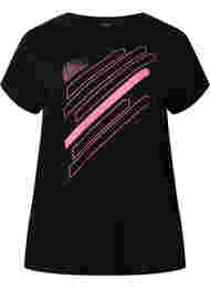Active by Zizzi Vrouwen Grote Maten T-shirt Korte Mouwen Maat 42-60, Black/Pink Print