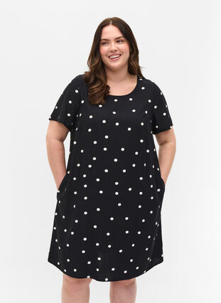 Gebloemde viscose jurk met korte mouwen, Black Dot, Model image number 0