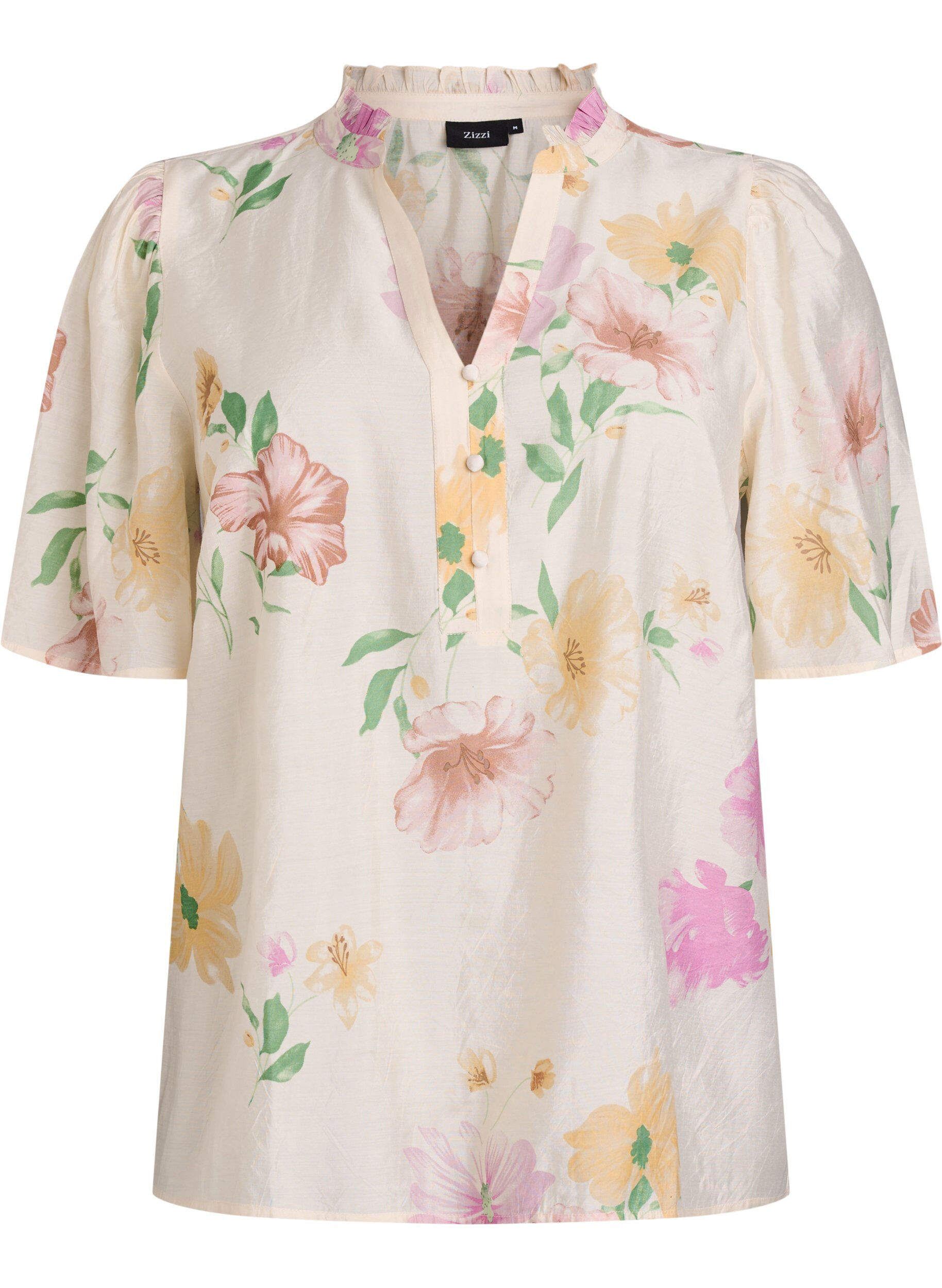 Zizzi Bloemenblouse met rucheskraag en mouwen 1/2, Beige, Packshot image number 0