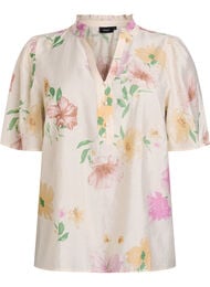 Bloemenblouse met rucheskraag en mouwen 1/2, Beige