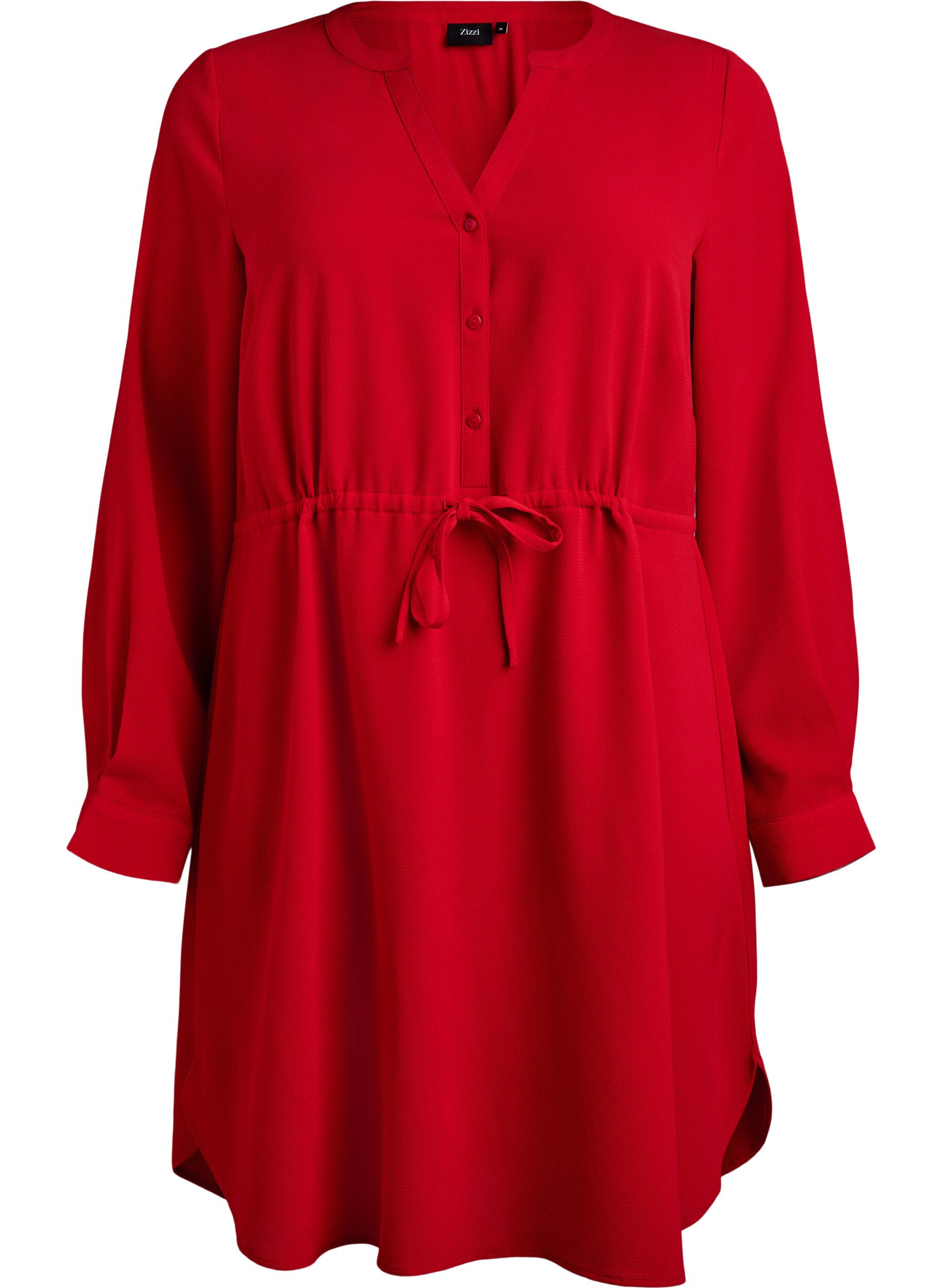 Zizzi Knielange jurk met strikceintuur, Rood, Packshot image number 0