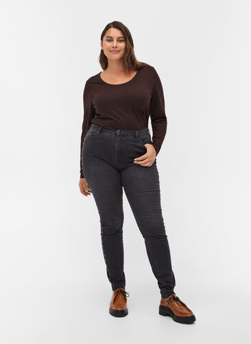 Amy jeans met hoge taille en klinknagels in de zijkant, Dark Grey Denim, Model image number 0