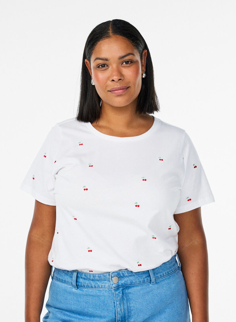 T-shirt in biologisch katoen met geborduurde motieven, Wit, Model image number 0