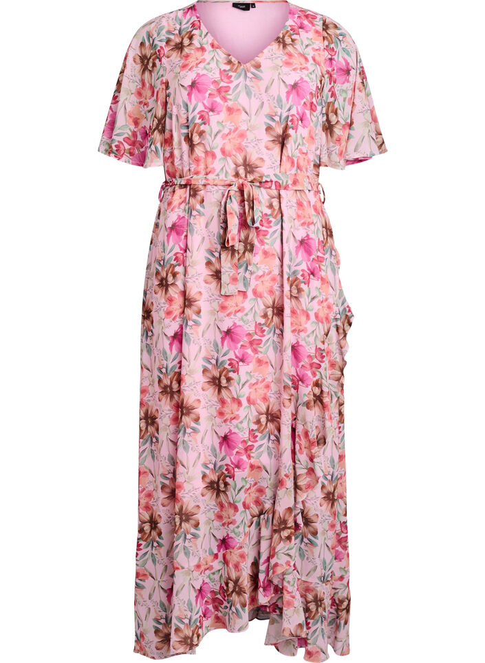 Chiffon maxi-jurk met een V-hals en ruches aan de zoom, Roze, Packshot image number 0