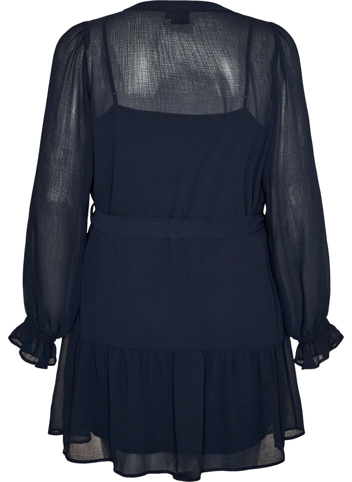 Korte jurk met ruches en een strikceintuur, Blauw, Packshot image number 1