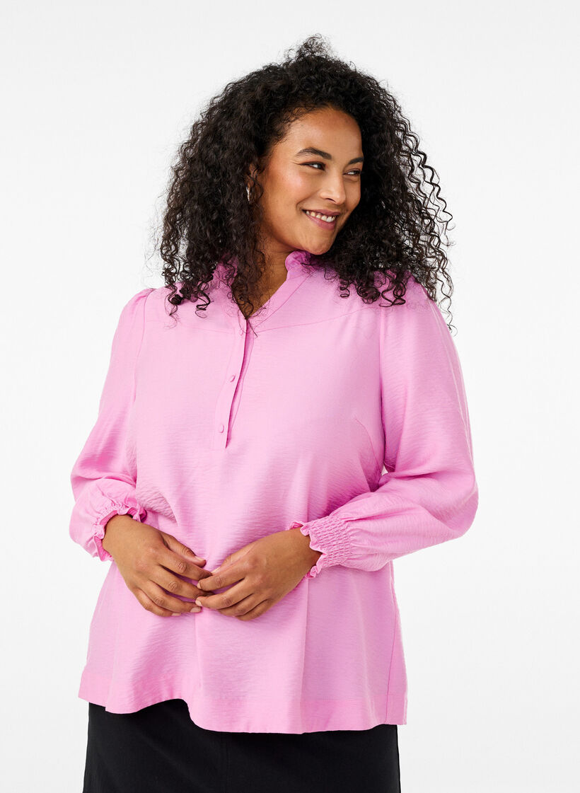 Blouse met rucheskraag, Roze, Model image number 0