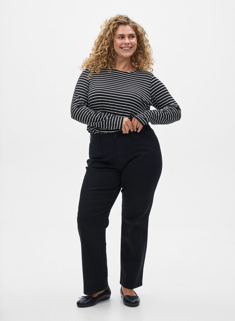 Gestreepte blouse met lange mouwen, Zwart, Model image number 1