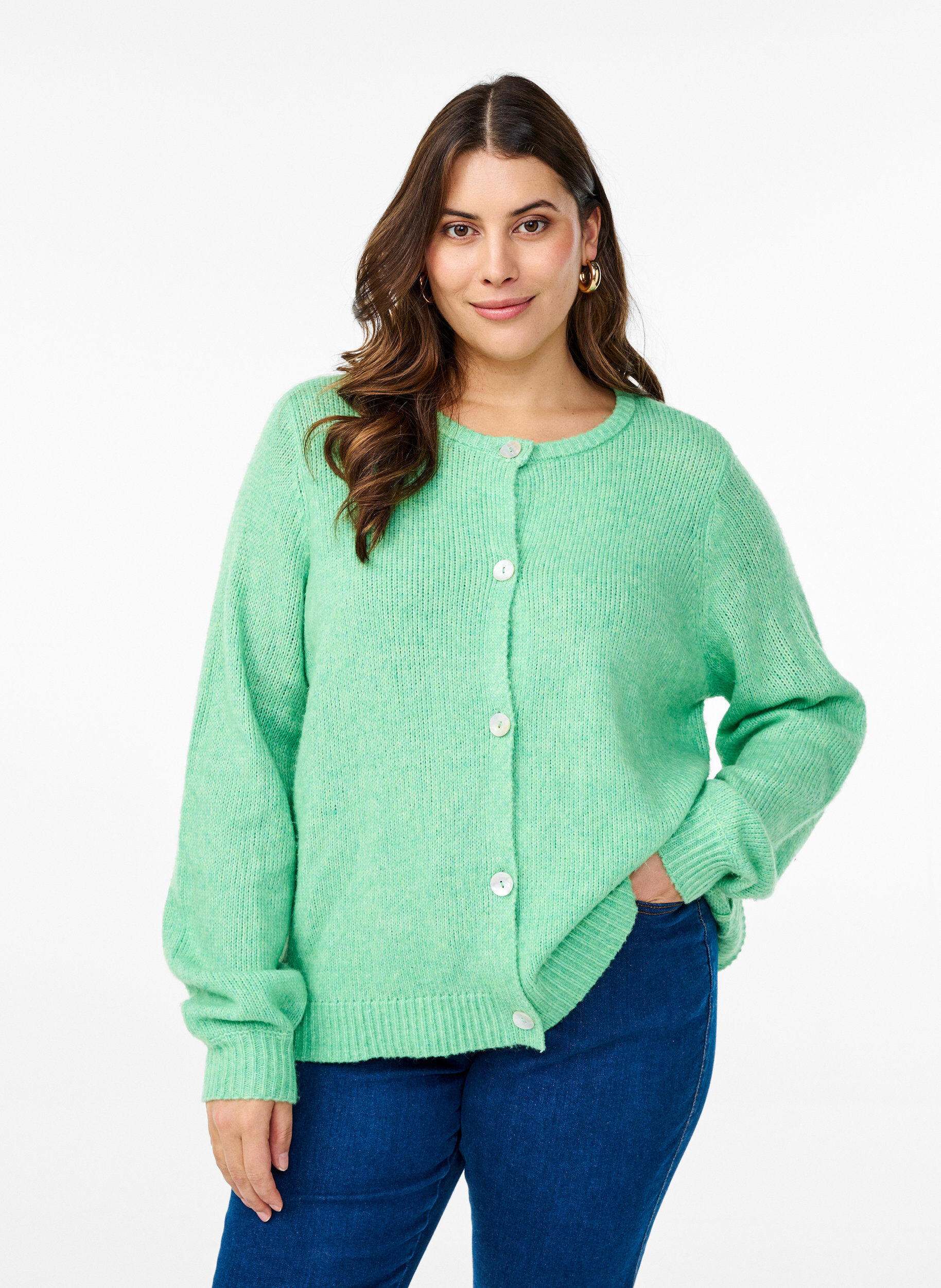 Zizzi Gebreide cardigan met wol en knoopsluiting, Light G. Green Mel., Model image number 0